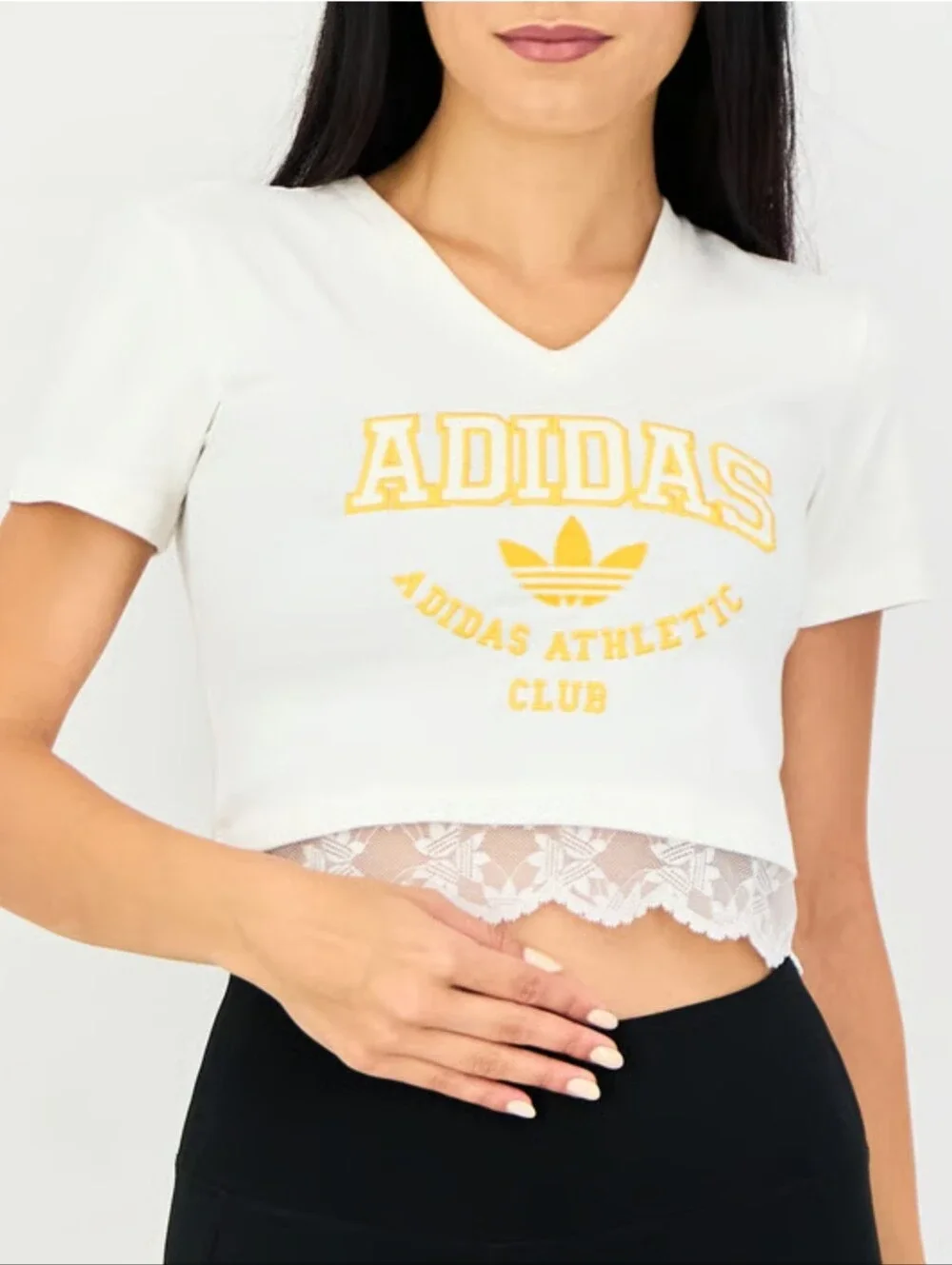 adidas White & Yellow Lace Hem Women V-Neck Logo Tee Size S - Picture 3 of 16